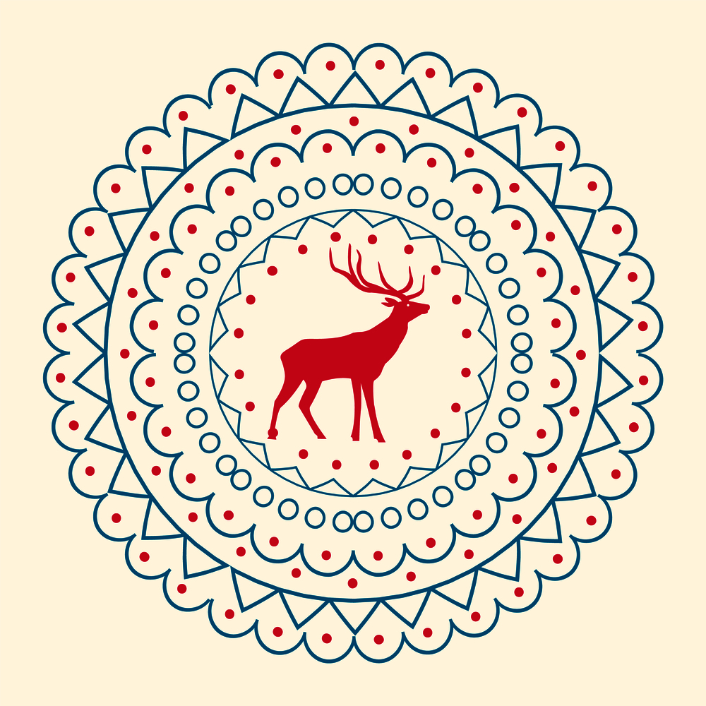 Christmas pattern that is made up of circles with small geometric shapes of curved lines and triangles, and image of reindeer on vector illustration. Christmas Pattern and Reindeer Vector Illustration