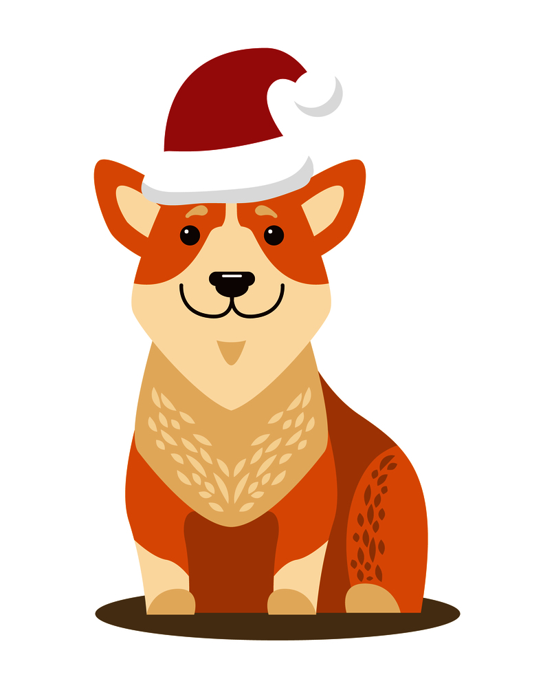 Dog sitting and wearing Christmas hat of Santa Claus, domestic pet symbolize approaching year 2018 and winter holidays celebration vector illustration. Dog Sitting and Wearing Hat Vector Illustration
