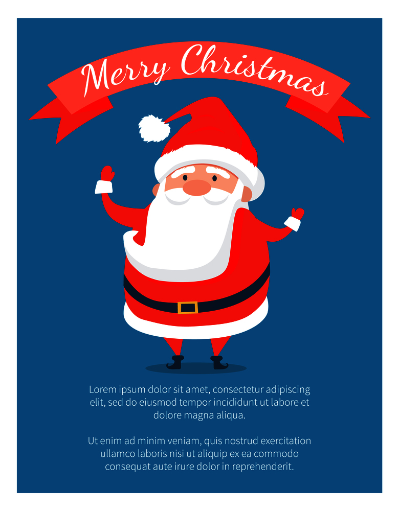 Merry Christmas poster with Santa Claus in red costume and place for text vector illustration on blue background. Father Frost in Xmas suit with belt. Merry Christmas Poster with Santa Claus in Costume