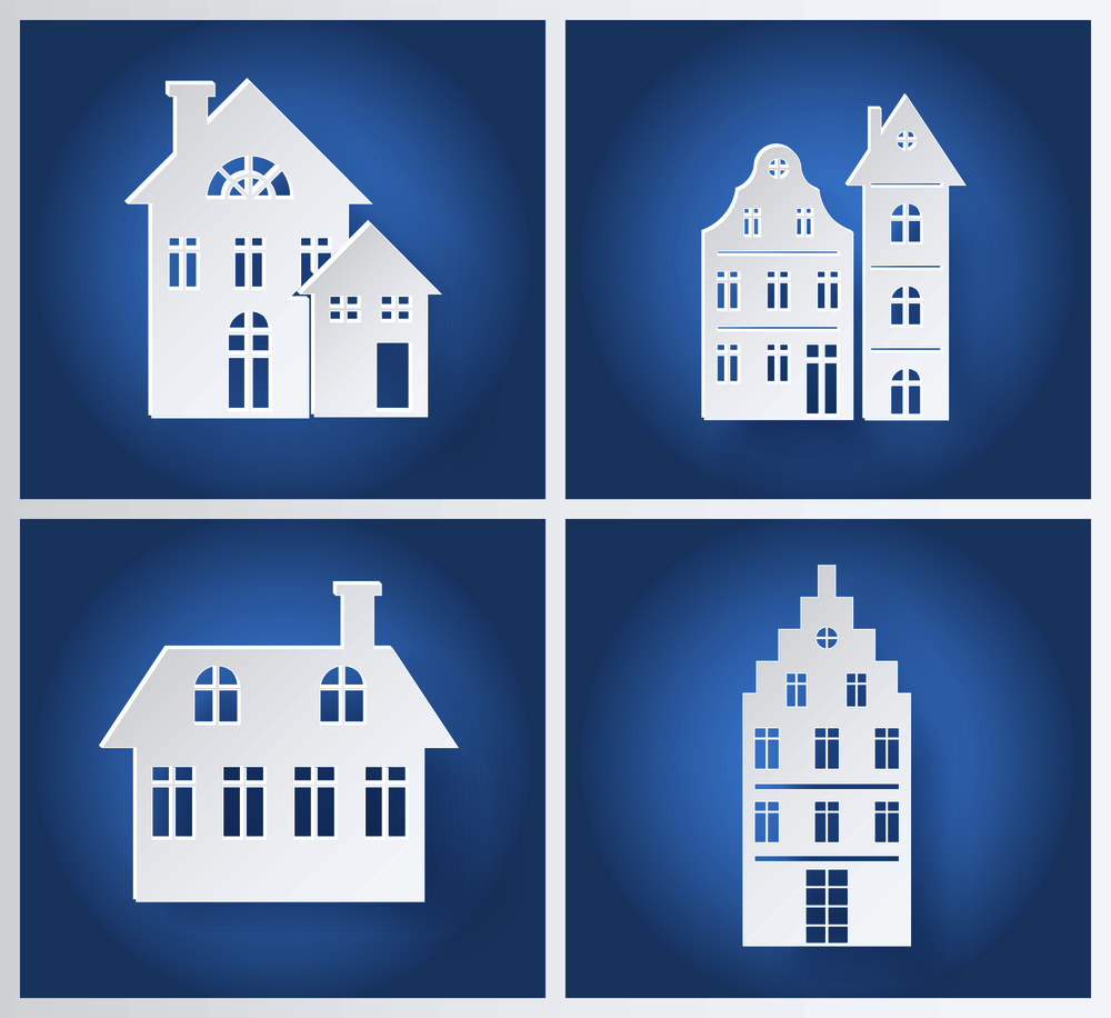 Paper buildings silhouettes isolated in light blue background. Vector illustrations with set of white beautiful houses with many windows and chimneys. Paper Buildings Silhouettes Vector Illustration