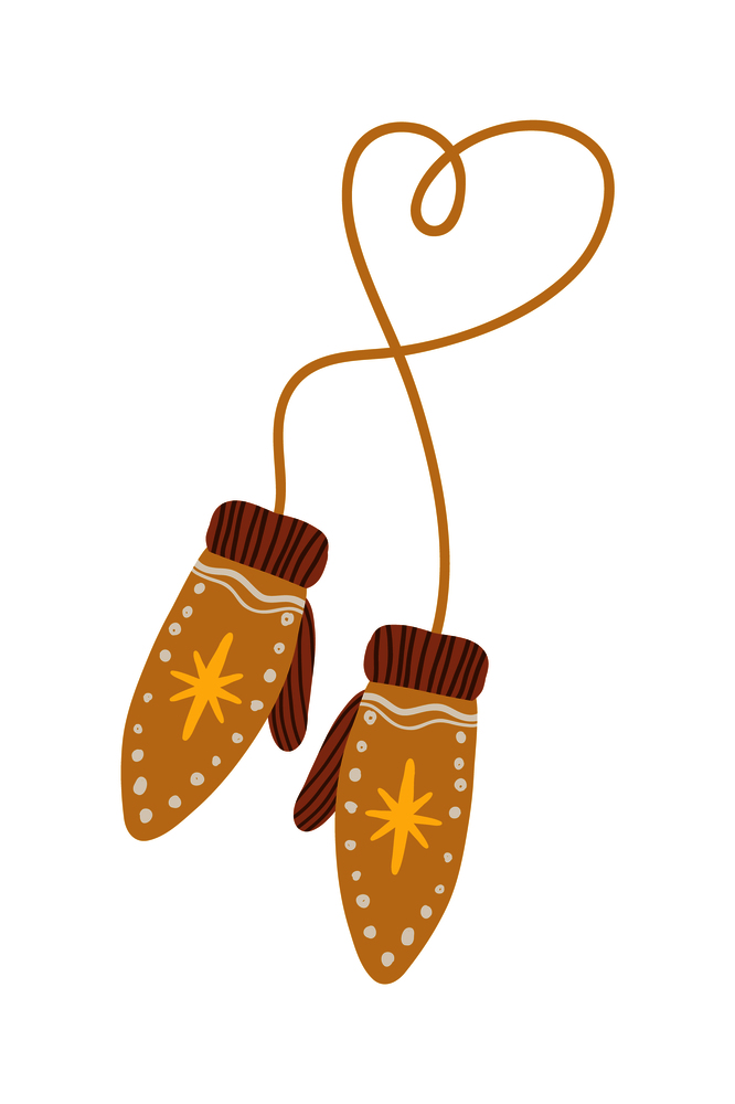 Gloves connected with elastic isolated on white. Vector illustration with two knitted mittens bound by thin rope decorated with yellow shiny stars. Gloves Connected with Elastic Vector Illustration