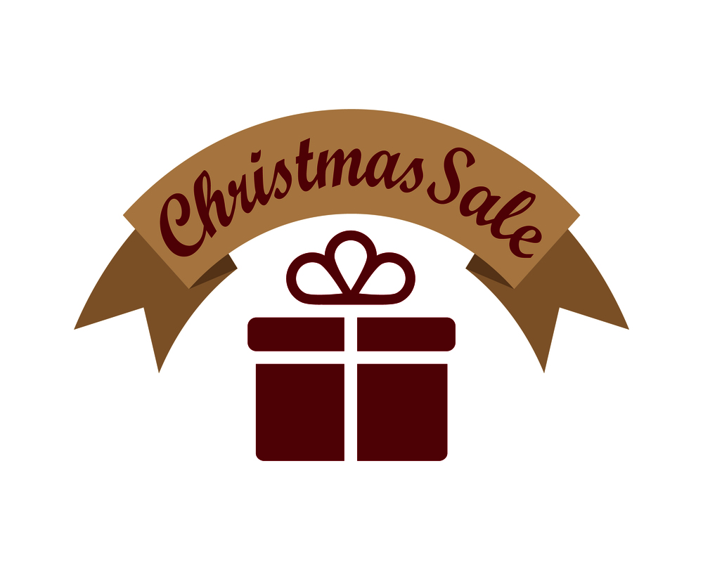 Christmas sale, banner with ribbon of brown color and headline written on it, image of present with bow on its top, isolated on vector illustration. Christmas Sale, Banner on Vector Illustration