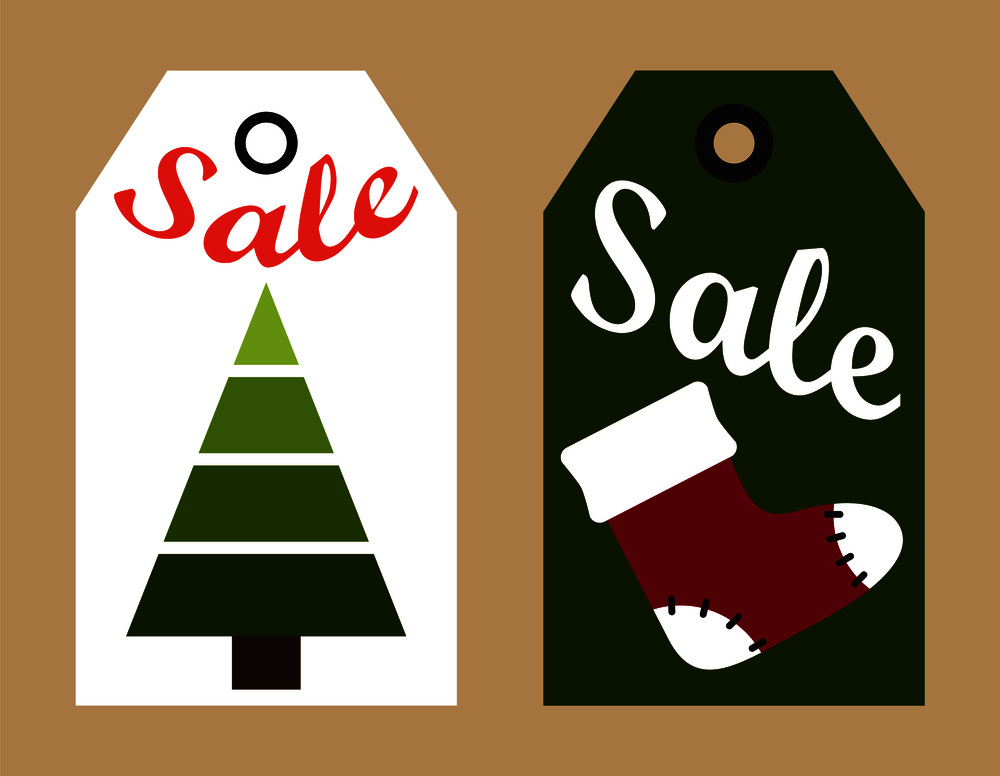 Sale New Year collection of badges, images of red sock and green tree represented in schematic way, headlines isolated on vector illustration. Sale New Year Sock and Tree Vector Illustration