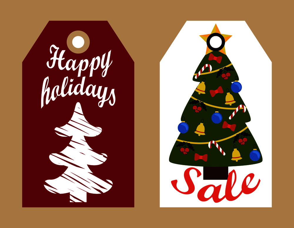 Sale decorative tags with New Year sketch abstract Christmas trees hanging badges, shopping promotional labels announcements info about discounts. Sale Decorative Tags with New Year Decorated Trees