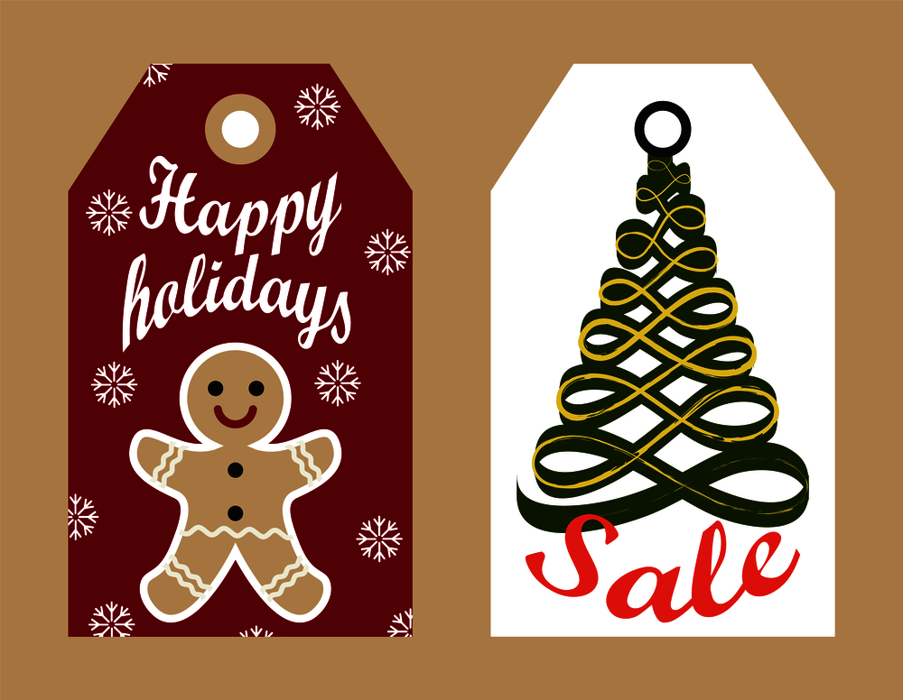 Happy holidays sale vector illustration ready to use adverts. Labels hanging promo stickers gingerbread boy on snowflakes and abstract New Year tree. Happy holidays sale labels hanging promo stickers