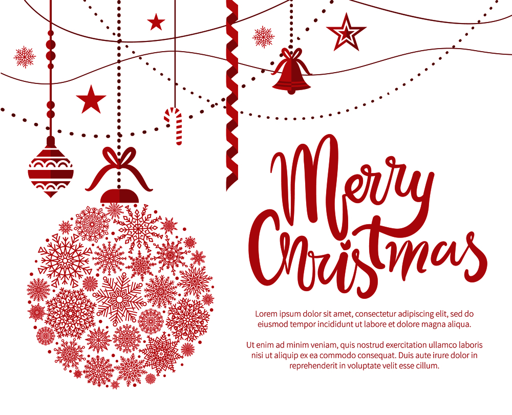 Merry Christmas, poster with text and calligraphy lettering with decoration of snowflakes, balls and bells, stars and garlands vector illustration. Merry Christmas Poster, Text Vector Illustration