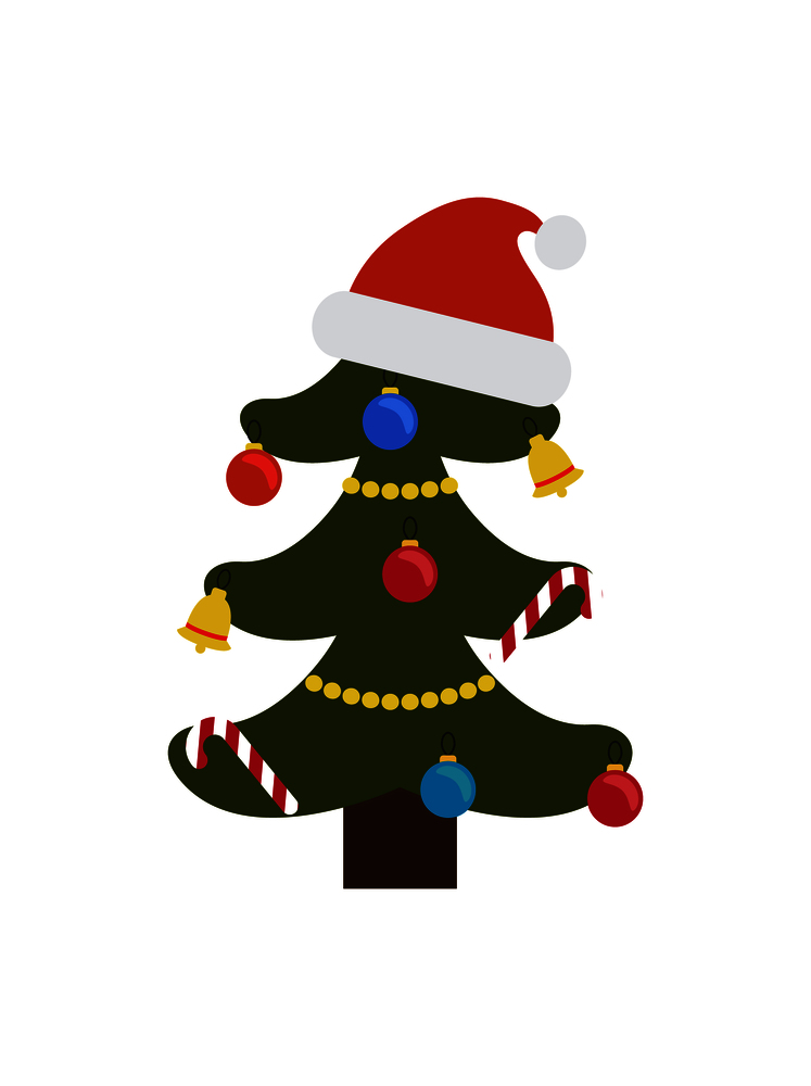 Christmas tree ornated with toys in forms of candies and bells, balls and garlands, big red hat of Santa Claus placed on its top vector illustration. Christmas Tree Ornated with Toys Vector Illustration