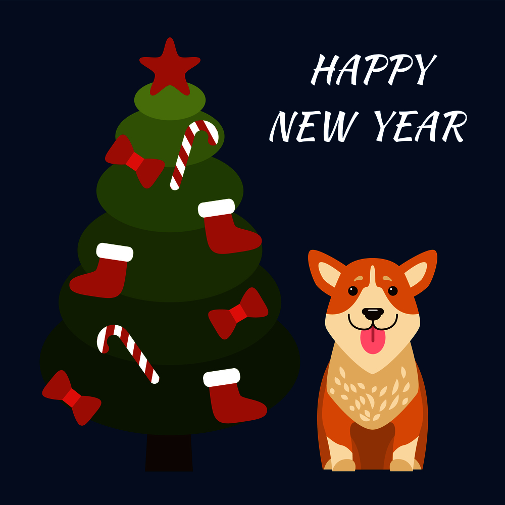 Happy New Year poster with smiling dog of beige and white color and decorated Christmas tree with bows, socks garlands and star vector illustration. Happy New Year Tree and Dog Vector Illustration