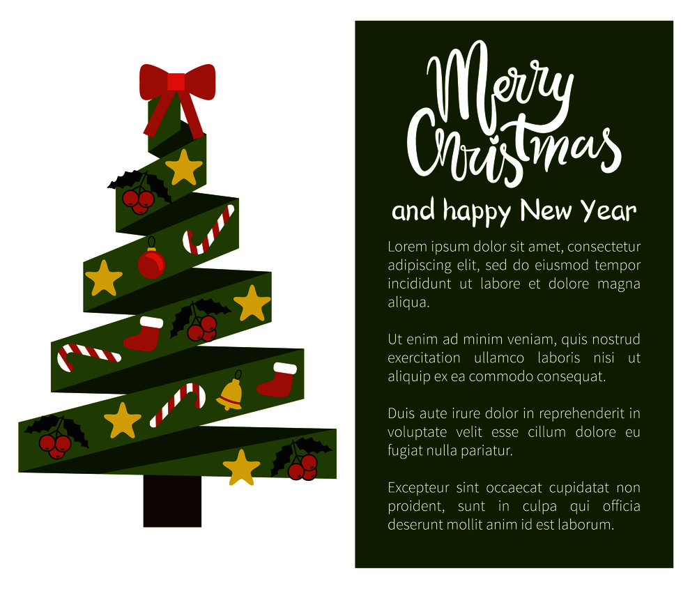 Merry Christmas Happy New Year poster with tree made of wavy abstract lines, topped by red bow vector illustration web banner with place for text. Merry Christmas and Happy New Year Poster Tree