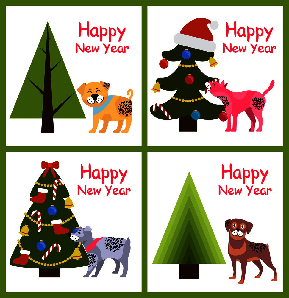 Happy New Year posters set with abstract Christmas trees and cute puppies with spots vector illustration greeting cards isolated on white background. Happy New Year Posters Set Christmas Trees Puppies
