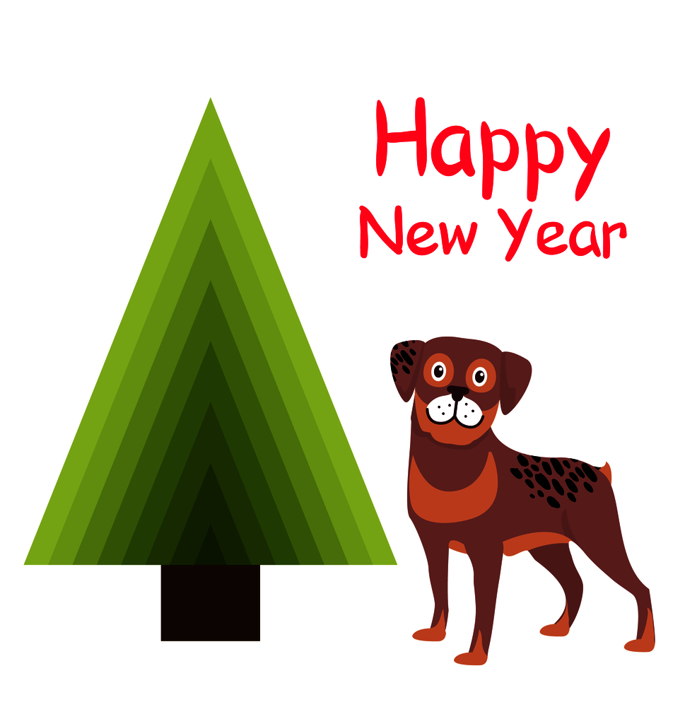 Happy New Year greeting card cartoon brown spotted dog and abstract Christmas tree triangular shaped, Xmas symbol without decorations and cute puppy. Happy New Year Greeting Card Cartoon Spotted Puppy