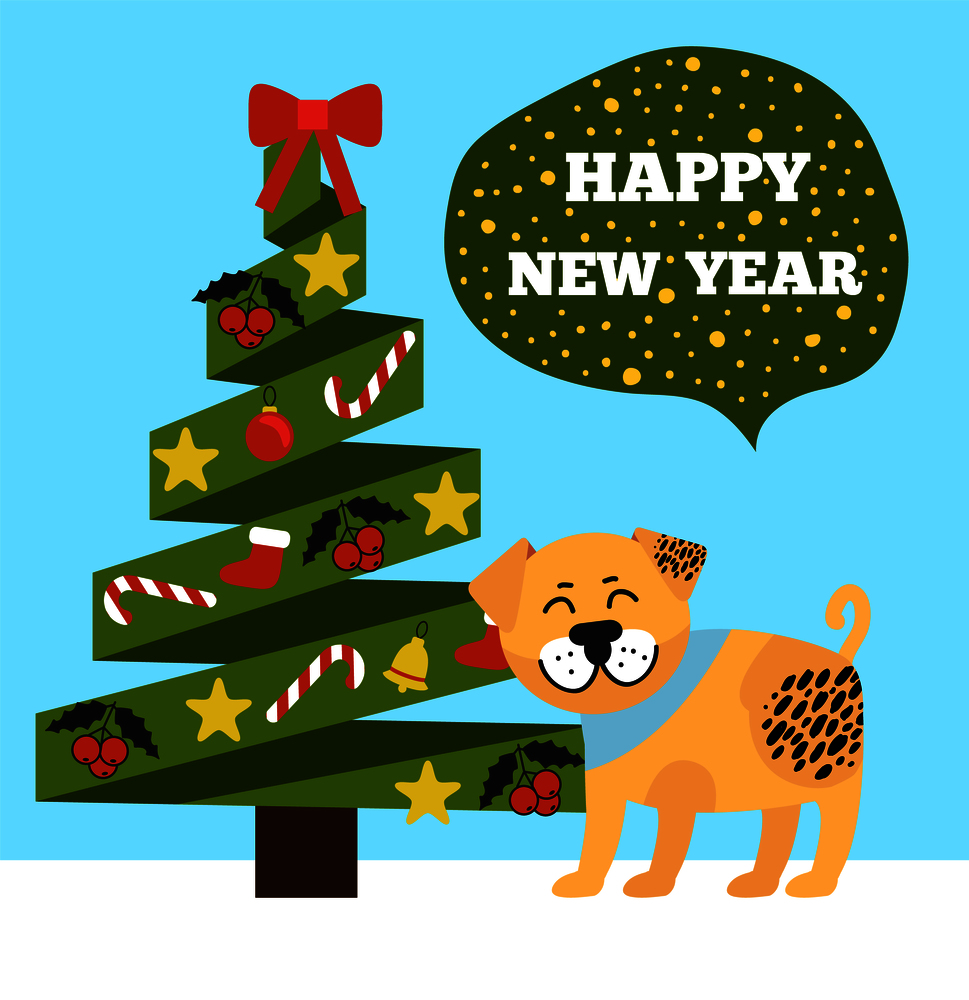 Happy New Year poster with evergreen Christmas tree with colorful garlands, topped by red bow vector illustration with dog symbol 2018 icon as present. Happy New Years Placard with Tree and Puppy Icons