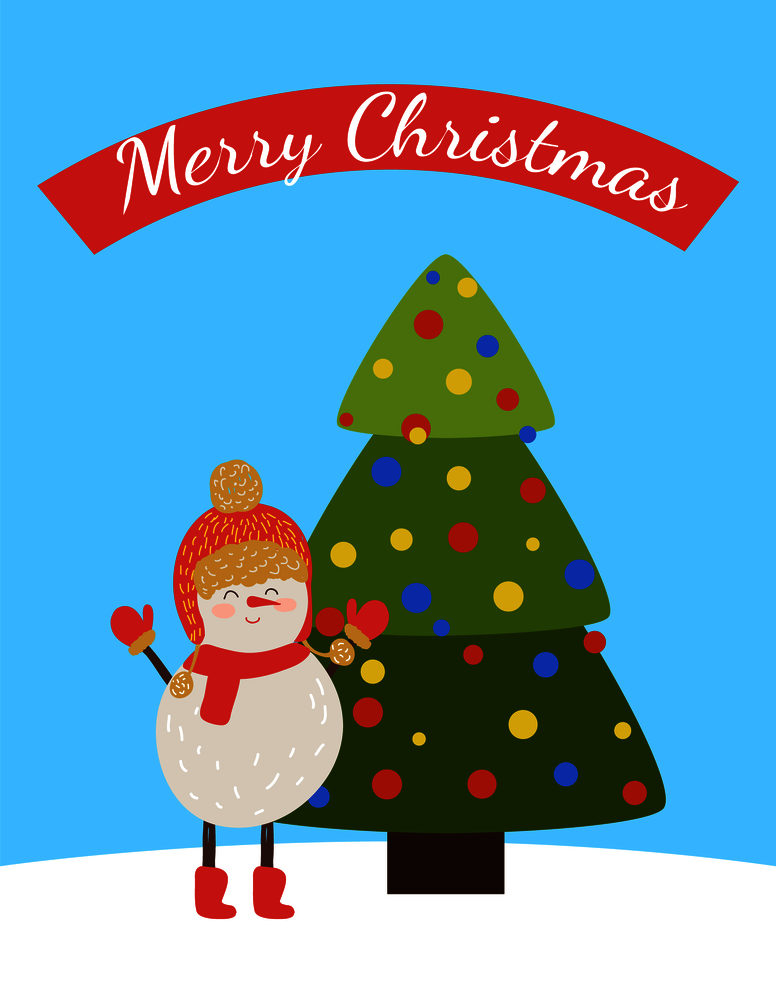 Merry Christmas postcard with cartoon character snowman in warm hat and scarf raising hands up near decorated by balls tree vector greeting poster. Merry Christmas Postcard with Cartoon Snowman
