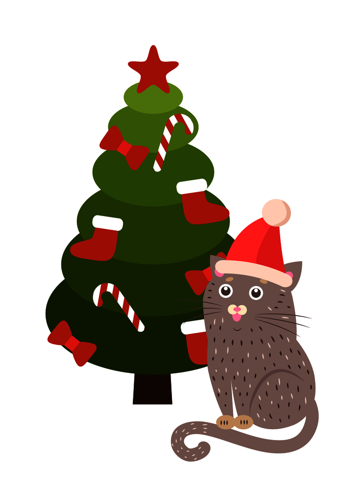 Greeting card cartoon cat in Santa&rsquo;s hat sitting under Christmas tree decorated by socks, candy stripped sticks, red bows and topped by star vector. Greeting Card Cartoon Cat Santa&rsquo;s Hat Sitting Tree