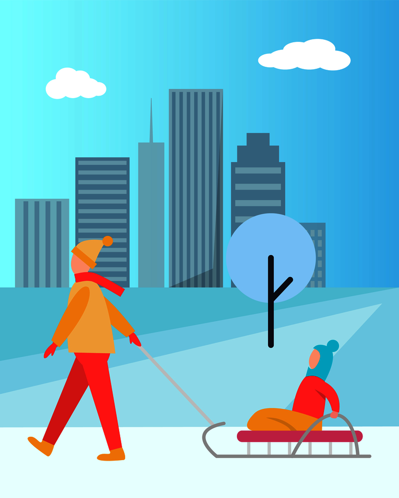 Father carrying child on sledge vector isolated on background of skyscrapers. Winter activities of dad with girl or boy sitting in sleigh in city park. Father Carrying Child on Sledge Vector Isolated