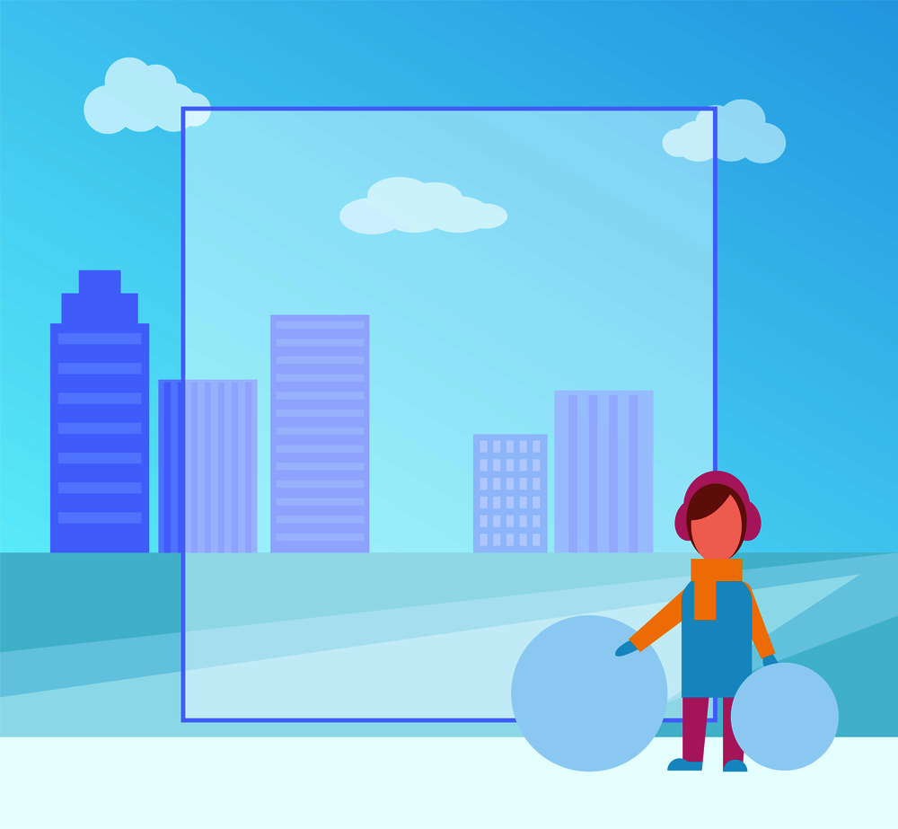 Winter placard with girl dressed in scarf and coat with hat, filling form and city with skyscrapers on background isolated on vector illustration. Winter Placard with Girl on Vector Illustration