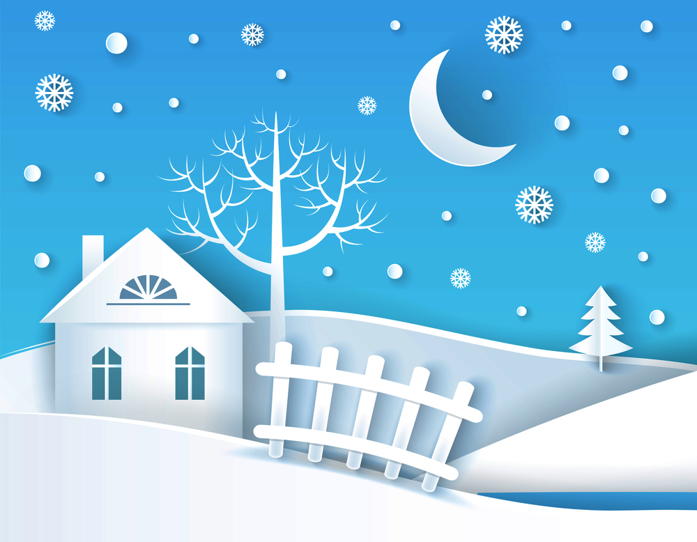 Winter placard with calm village, tranquil building with fence and tree beside it, pine in distance, moon and snowflakes, vector illustration. Winter Placard Calm Village Vector Illustration