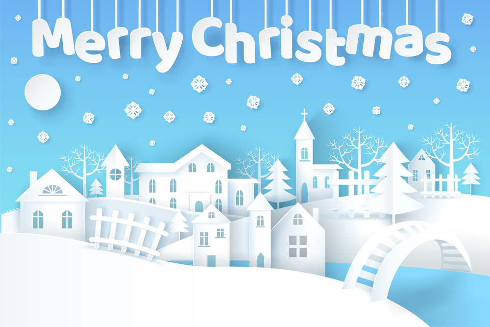 Merry Christmas, poster with city and buildings, trees and pine, river with bridge over it, fence beside house, snowflakes vector illustration. Merry Christmas Poster with City Vector Illustration