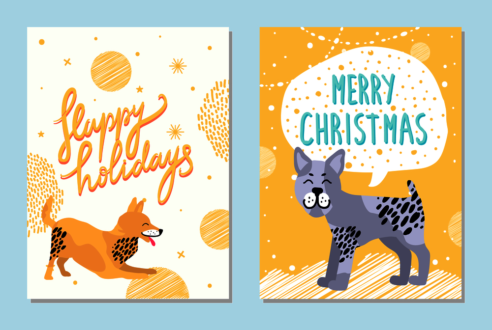 Merry Christmas and happy holidays bright postcards with happy playing dogs on snowy background. Vector illustration with congratulations from pets. Merry Christmas and Happy Holidays Bright Postcards