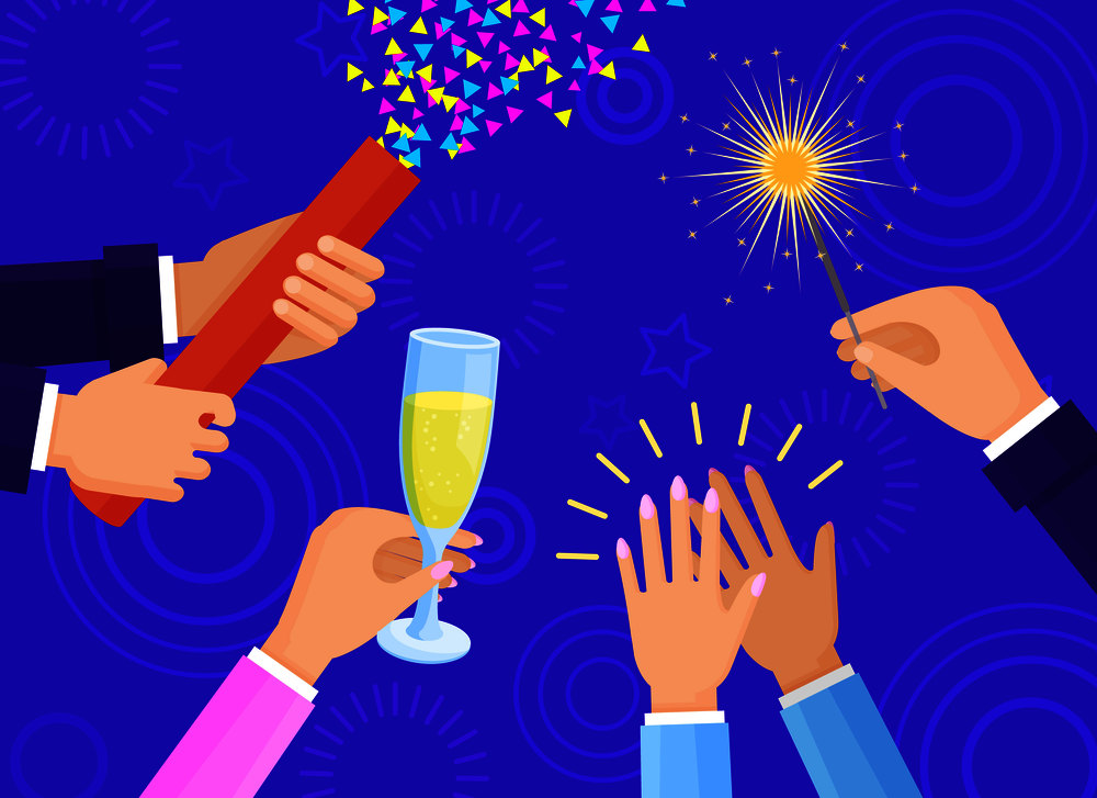 People hands with champagne glass, big slapstick full of confetti and bright sparkler isolated cartoon flat vector illustration on blue background.. People Hands with Champagne Glass and Sparkler