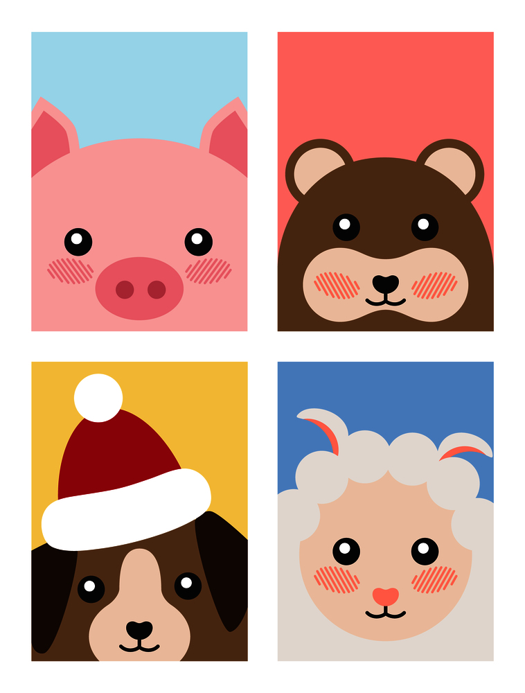 Set of animals covers design with head of pink pig, funny mouse, dog in Santa&rsquo;s hat, cute sheep vector New Year symbols greeting card in cartoon style. Set of Animals Covers Design Pig Mouse Dog Sheep