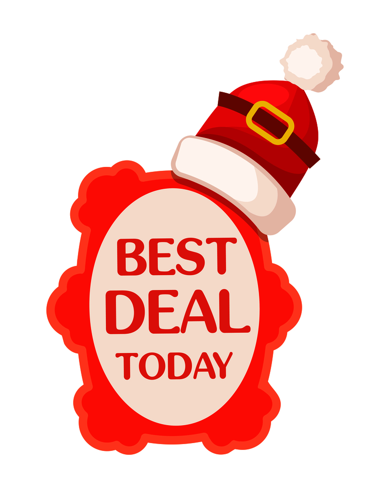 Best deal today sticker with Santa Claus hat on top for Christmas sale. Traditional seasonal winter discounts. Red tag with christmas cap flat vector illustration isolated on white background.. Best Deal Today Sticker with Santa Cap for Sale