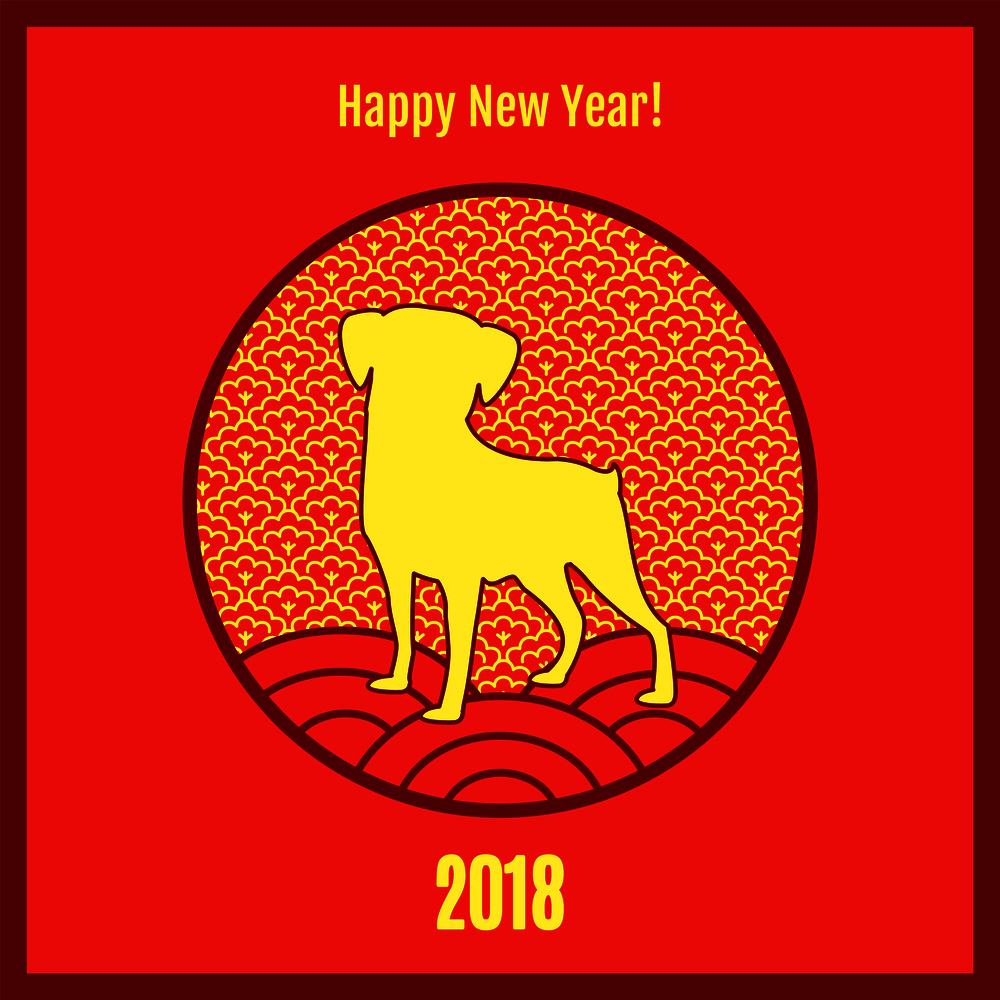 Happy New Year 2018, poster depicting dog walking on circles, icons in round frame, celebration of winter holiday on vector illustration. Happy New Year 2018 Poster on Vector Illustration