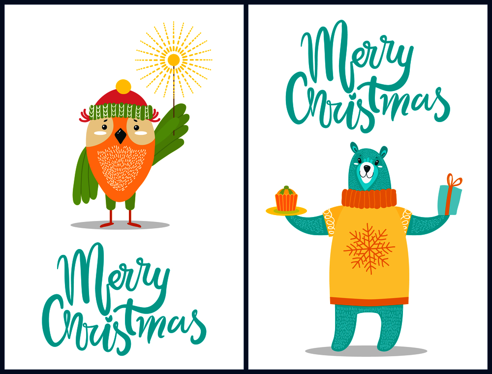 Merry Christmas wild animals with congratulation sparklers, presents and sweets dressed in warm clothes owl and bear vector illustration on white. Merry Christmas Wild Animals with Congratulations