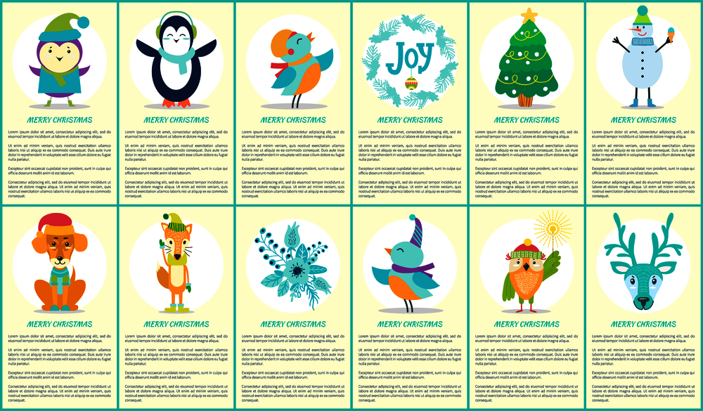 Merry Christmas, cards and text collection made up of headlines and images of tree and penguin, snowman and bird, stickers and fox vector illustration. Merry Christmas Cards and Text Vector Illustration