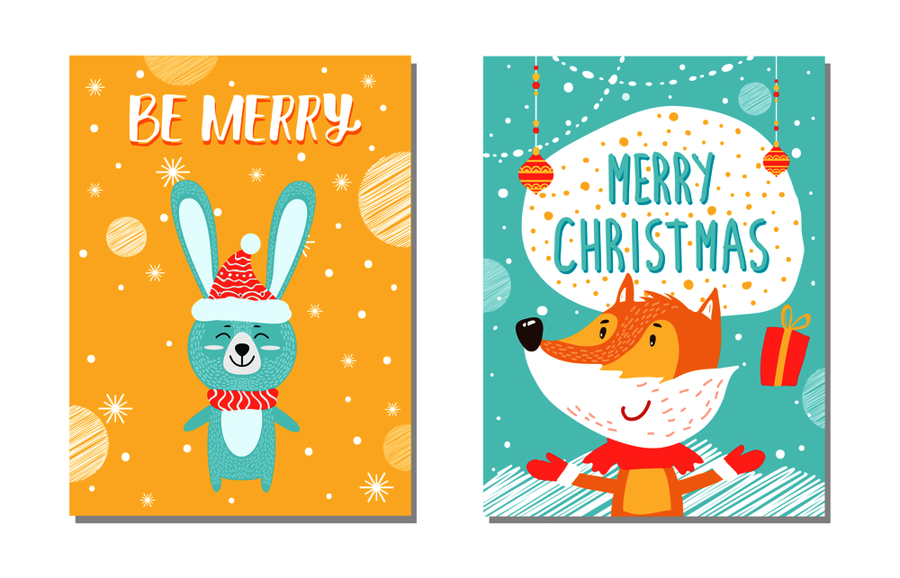 Merry Christmas, collection of banners, images of hare with closed eyes happy to be outside in snowy weather, and fox with gift on vector illustration. Merry Christmas Collection on Vector Illustration