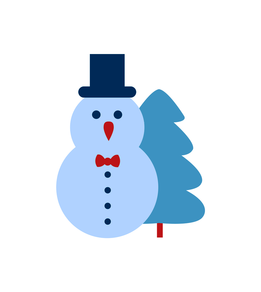 Snowman and Christmas tree icon isolated on white background. Vector illustration with winter symbol dressed in cylinder hat and light blue spruce. Snowman and Christmas Tree Vector Illustration