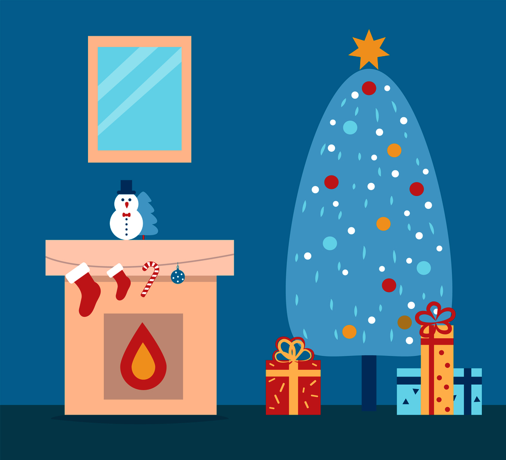 Room decorated for Christmas with fireplace and bright spruce. Vector illustration with comfortable fireplace and xmas tree with colorful presents. Room Decorated for Christmas Vector Illustration