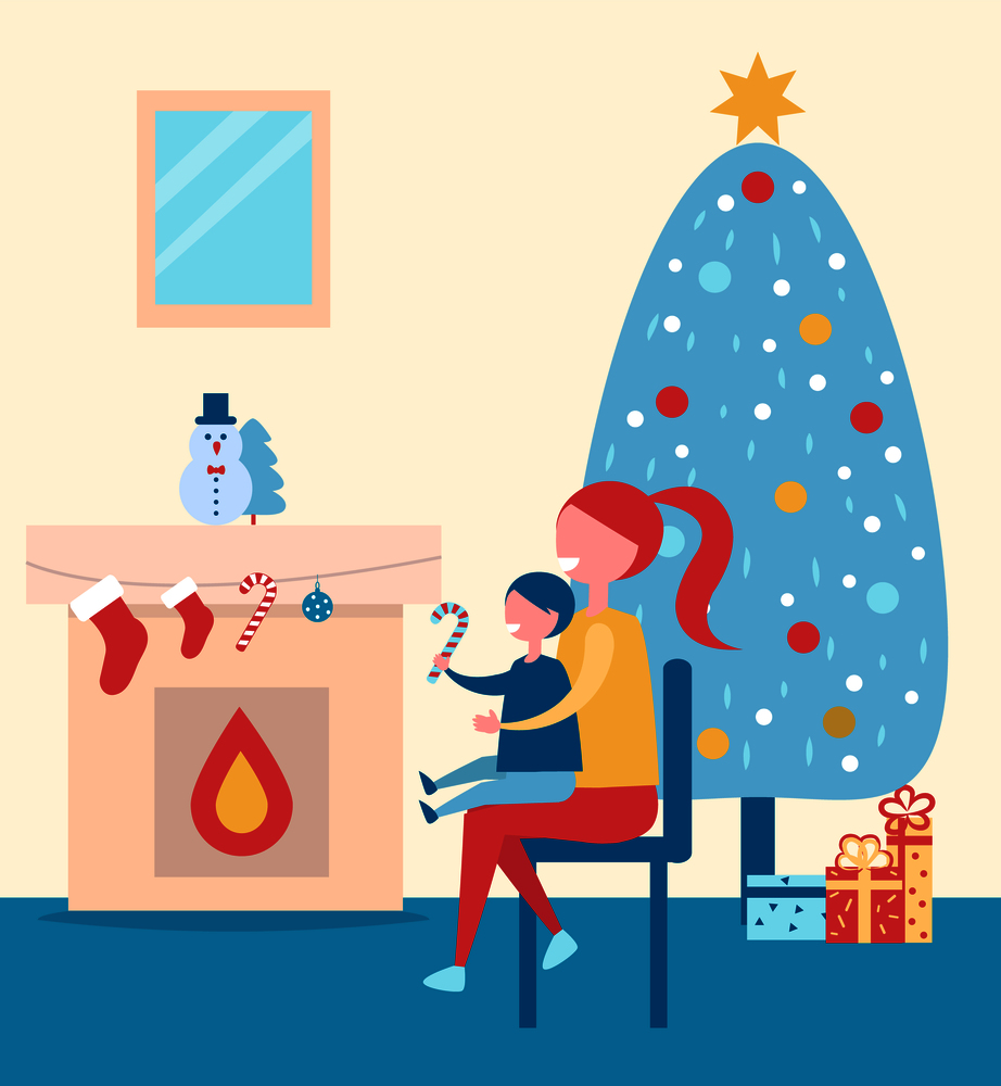 Christmas atmosphere, poster depicting mother and her kid looking at fireplace, evergreen tree with presents behind them on vector illustration. Christmas Atmosphere Poster on Vector Illustration