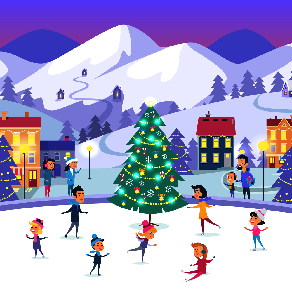 People of different ages skating on frozen surface. Vector illustration with people in warm winter clothes in various positions on urban icerink with decorated xmas tree. Winter holidays in town.. People of Different Ages Skating on Ice in Town
