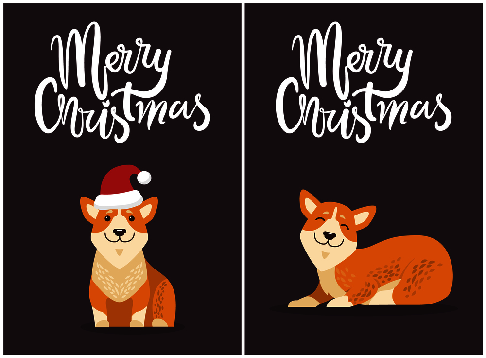 Merry Christmas set and dogs icons, letterings and puppies wearing red Christmas hat, domestic pet with closed eyes isolated on vector illustration. Merry Christmas Set and Dogs Vector Illustration