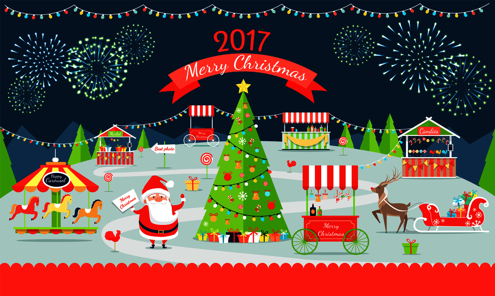 Merry Christmas poster representing market with Santa Claus, reindeer and tree, carousel and presents, fireworks in sky on vector illustration. Merry Christmas Market on Vector Illustration