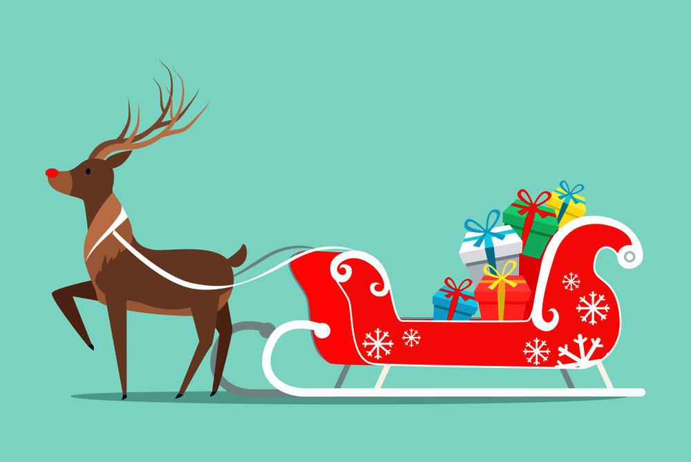Santa Claus sleigh and deer icon isolated on light green background. Vector illustration with reindeer and big amount of Christmas presents in sled. Santa Claus Sleigh and Deer Vector Illustration