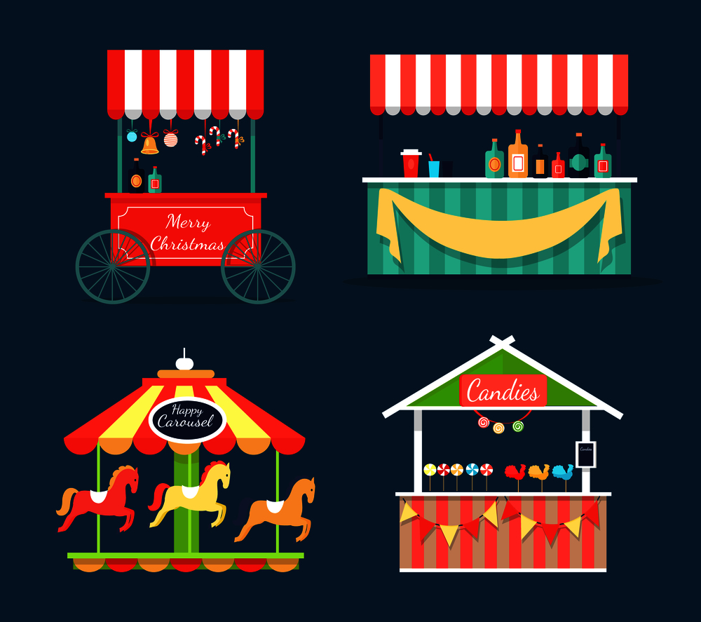 Bright fair counters with sweet candies and tasty drinks, funny merry-go-round with horses isolated vector illustrations set on blue background.. Bright Fair Counters and Funny Merry-Go-Round Set