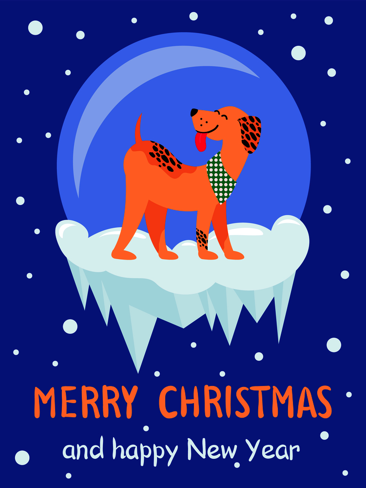 Merry Christmas and Happy New Year 2018 symbol happy dog on dark snowy background. Vector illustration with cute smiling pet in colorful collar. Merry Christmas and Happy New Year 2018 Symbol