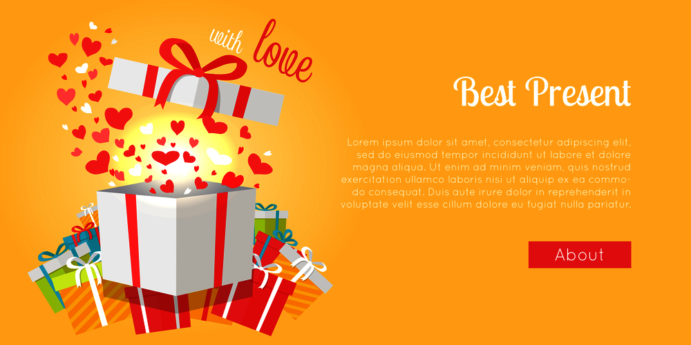 Postcard of best presents with love on yellow background. Vector illustration of colourful boxes with beautiful bows for children&rsquo;s gifts. Explosion of tiny confetti in box decorated with red ribbon. Best Presents with Love on Yellow Background.