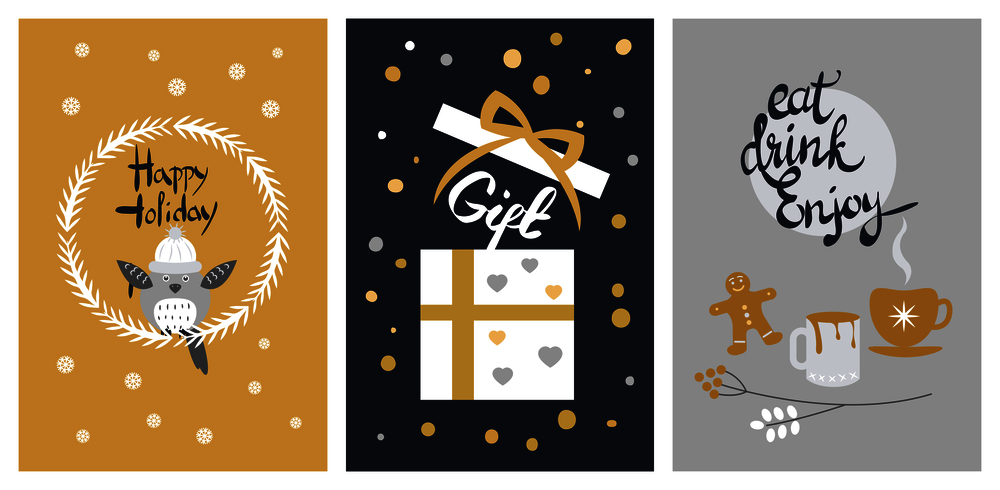 Happy holiday set of white giftbox in yellow ribbon and cups with gingerbread cookie. Vector collection of greeting cards on yellow with white snowballs, black with balls and grey backgrounds. Happy Holiday Set of Giftbox and Cups with Biscuit
