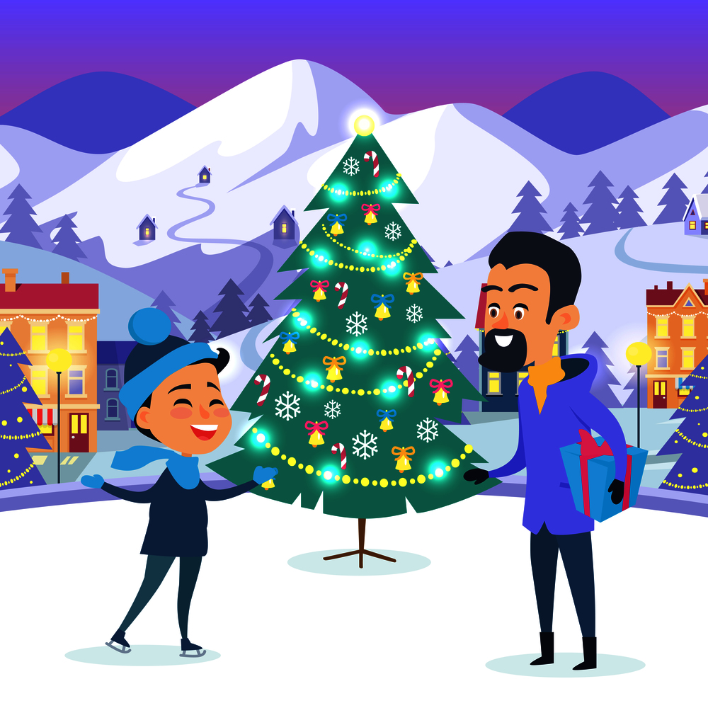 Little smiling boy and man with gift box in hand near decorated Christmas tree on urban icerink. Vector illustration in flat design of celebrating New Year and spending xmas winter holidays outdoors. Boy and Man with Present in Hand on Urban Icerink