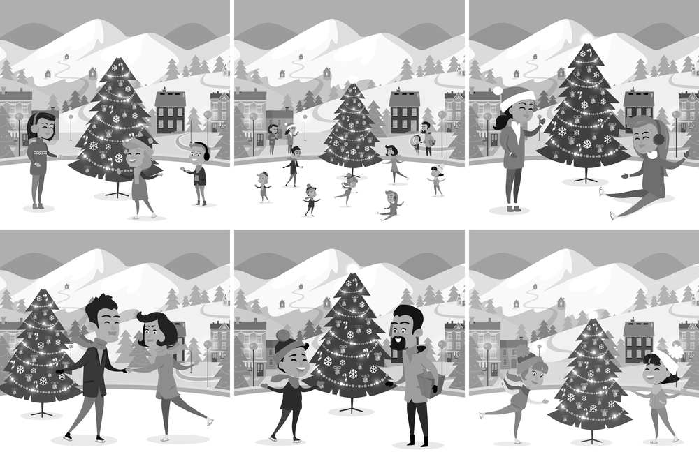 Monochrome set of happy people ice-skating on ice rink. Vector illustration of different families friends master or studying figure skating among Christmas tree mountains and houses in small town.. Monochrome Set of Happy People Ice-skating on Rink