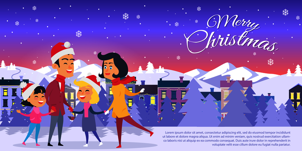 Postcard with Merry Christmas on city background. Vector illustration of happy family in red hats father mother two daughters on white field. Behind family are mountains white forest and houses. Postcard with Merry Christmas on City Background