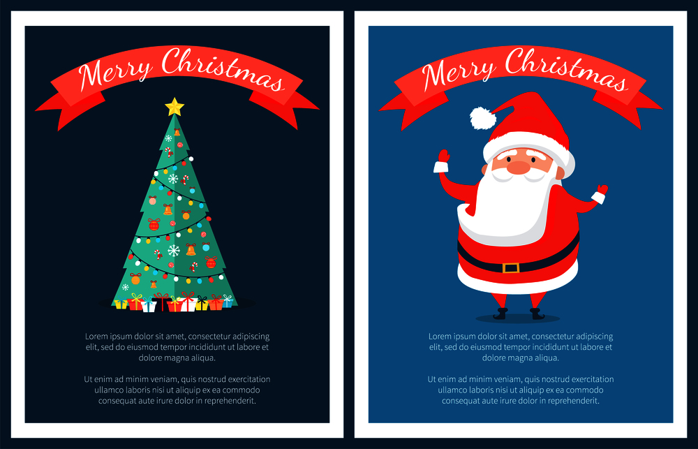 Merry Christmas set of posters with Santa Claus and bright decorated traditional tree. Vector illustration with xmas symbol on blue background. Merry Christmas Set of Posters with Santa Claus