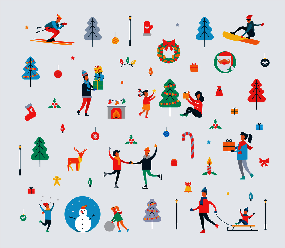 New Year pattern of happy people, Christmas tree, sweet cane, funny snowman, Polar deer, decorative toys and Santa Claus vector illustration.. New Year Pattern of People and Holiday Symbols