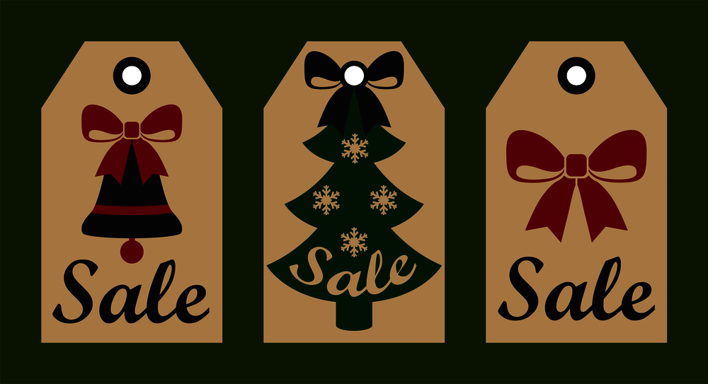 Sale New Year set of labels representing images of bell with ribbon, tree with snowflakes and red bow with letterings on vector illustration. Sale New Year Set of Labels on Vector Illustration