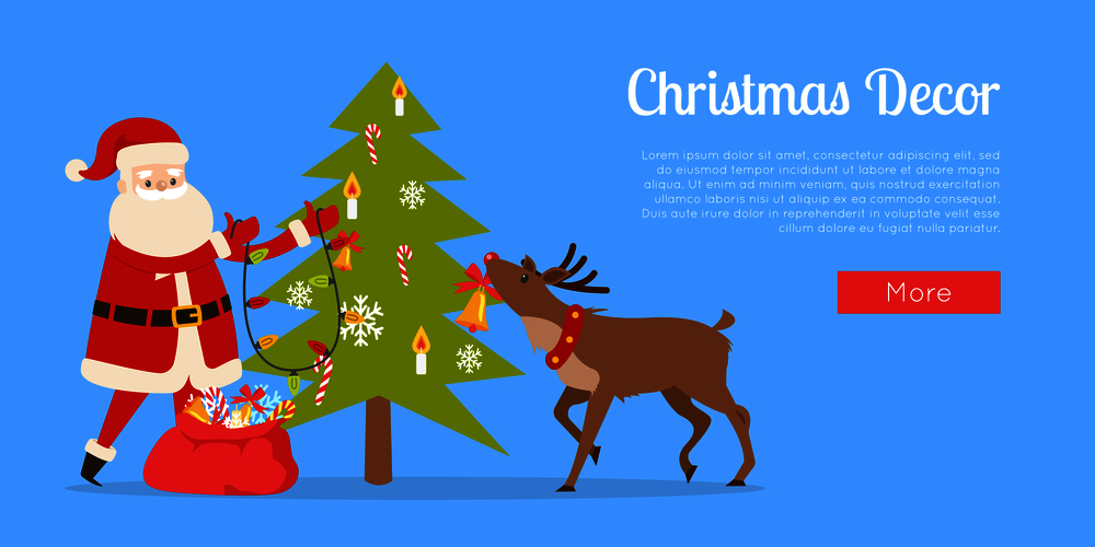 Christmas decor Internet ad page. Santa Claus and big reindeer decorate fir tree web banner vector. Fir tree decorated by garlands, snowflakes, tasty candies and artificial candles from big red bag.. Santa Claus and Big Reindeer Decorate Fir Tree