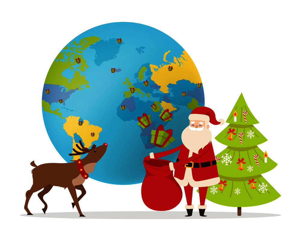 Earth planet and New Year characters isolated on white. Delivery of Christmas present all around world vector illustration. Reindeer helps Santa to prepare gifts for children. Green fir tree is behind. Delivery of Christmas present Around World Vector