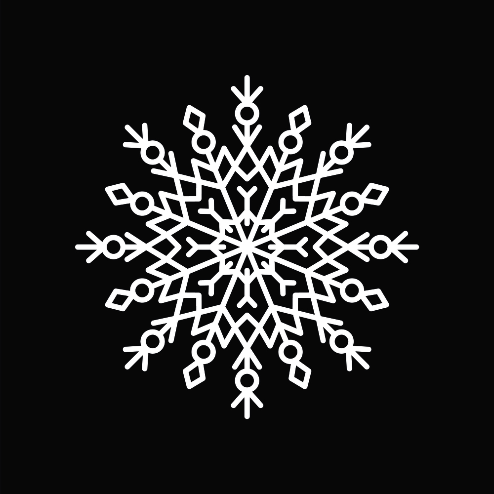 Snowflake white ice crystal with traditional shape made up of lines, circles and triangles, vector illustration isolated on black background. Snowflake Crystal on Black Vector Illustration